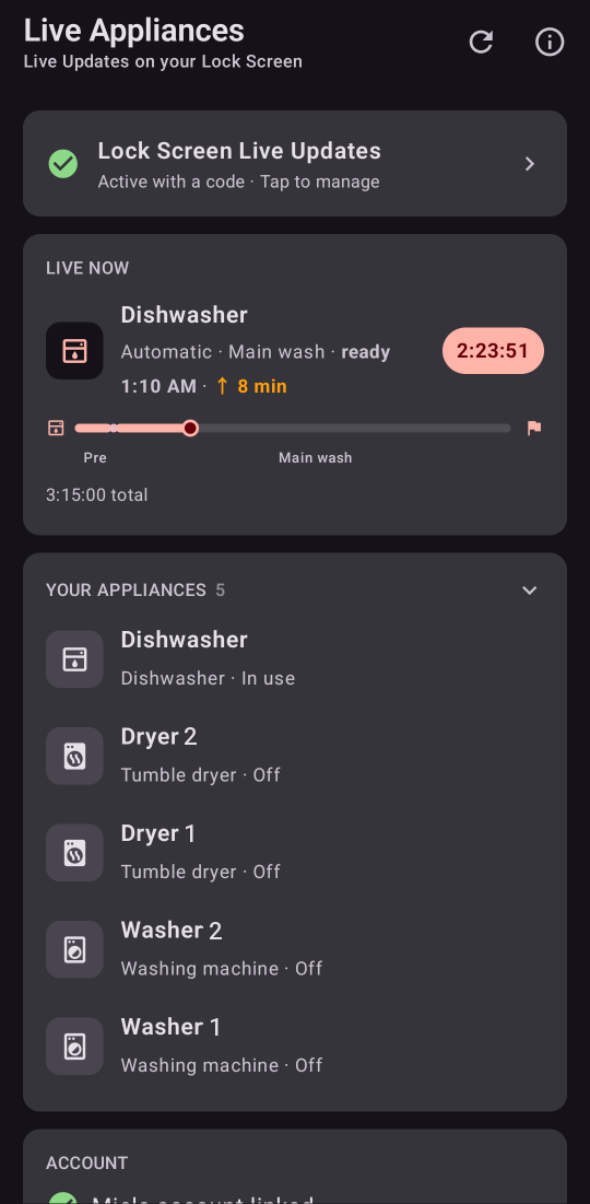 The Android app: a Live Now section with the Dishwasher counting down, and Your Appliances listing every washer, dryer and dishwasher.