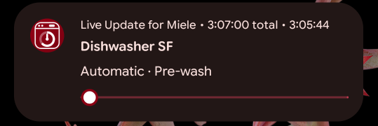 Android Live Update notification: Dishwasher SF, Automatic, Pre-wash with a progress bar.